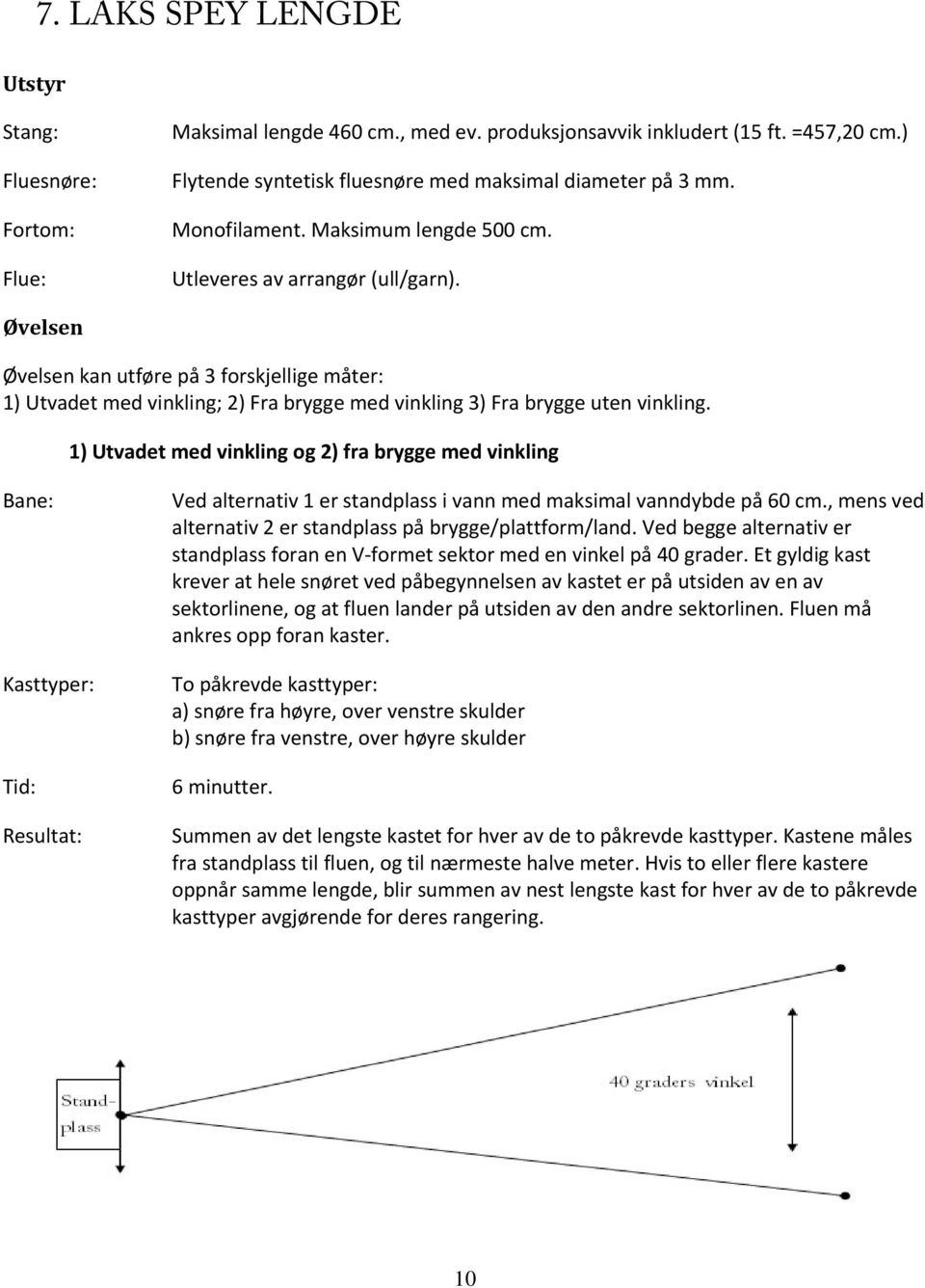 1) Utvadet med vinkling og 2) fra brygge med vinkling Kasttyper: Ved alternativ 1 er standplass i vann med maksimal vanndybde på 60 cm., mens ved alternativ 2 er standplass på brygge/plattform/land.