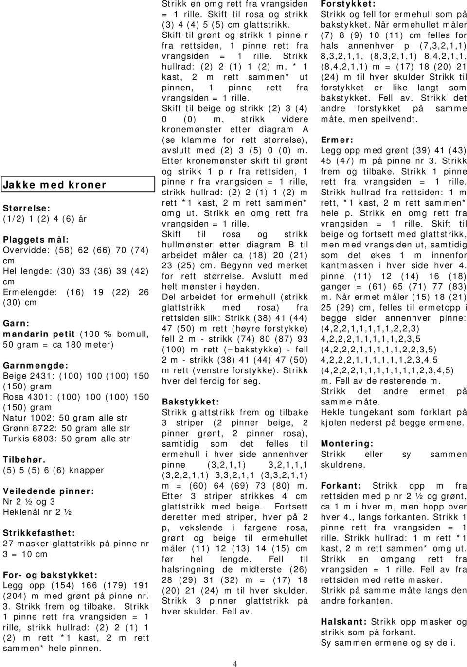 (5) 5 (5) 6 (6) knapper Nr 2 ½ og 3 Heklenål nr 2 ½ 27 masker glattstrikk på pinne nr 3 = 10 For- og bakstykket: Legg opp (154) 166 (179) 191 (204) m med grønt på pinne nr. 3. Strikk frem og tilbake.