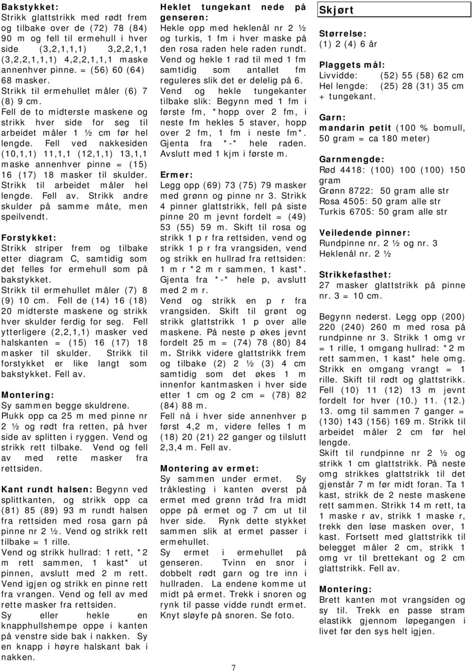 Fell ved nakkesiden (10,1,1) 11,1,1 (12,1,1) 13,1,1 maske annenhver pinne = (15) 16 (17) 18 masker til skulder. Strikk til arbeidet måler hel lengde. Fell av.