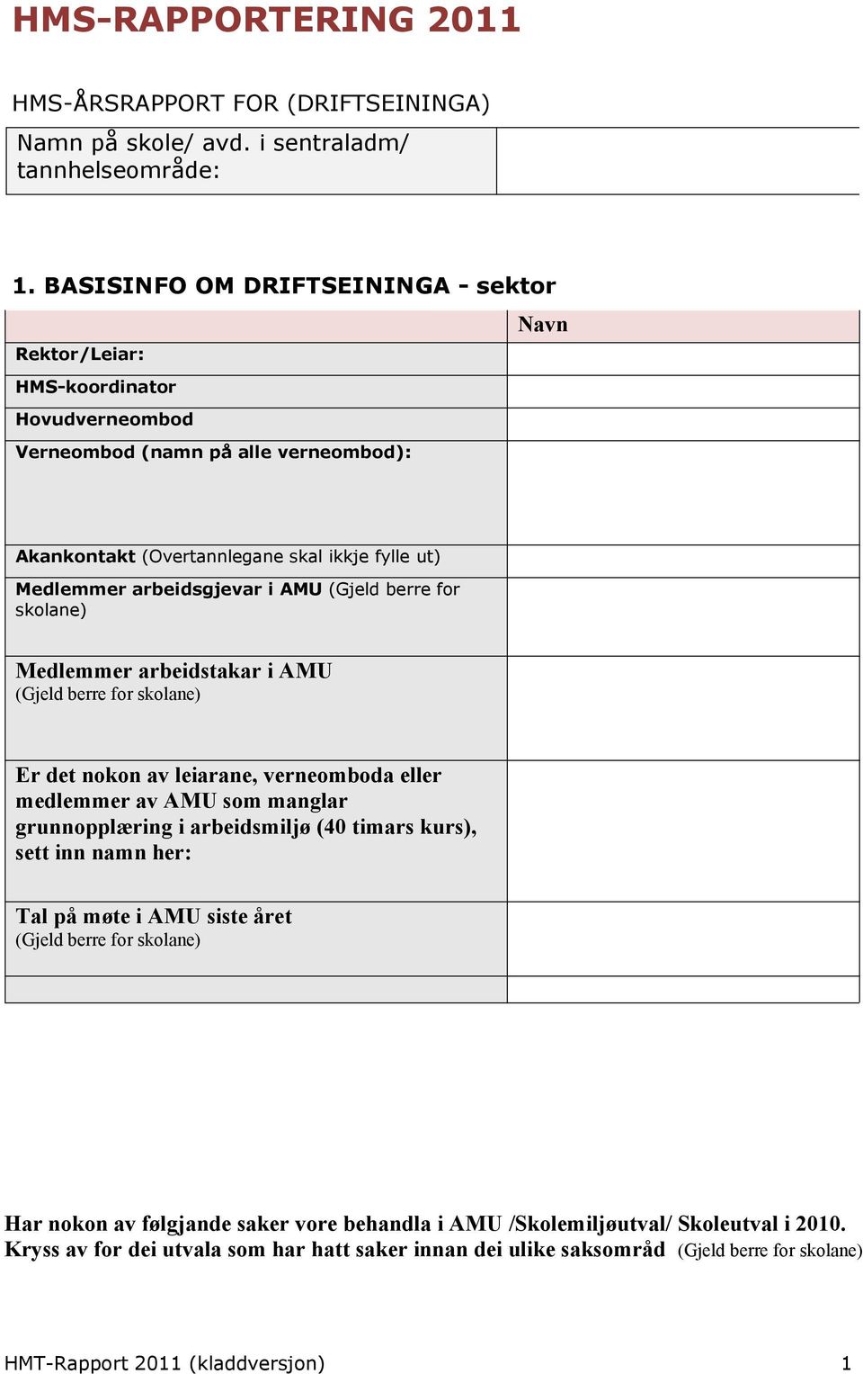 AMU (Gjeld berre for skolane) Medlemmer arbeidstakar i AMU (Gjeld berre for skolane) Er det nokon av leiarane, verneomboda eller medlemmer av AMU som manglar grunnopplæring i arbeidsmiljø (40 timars