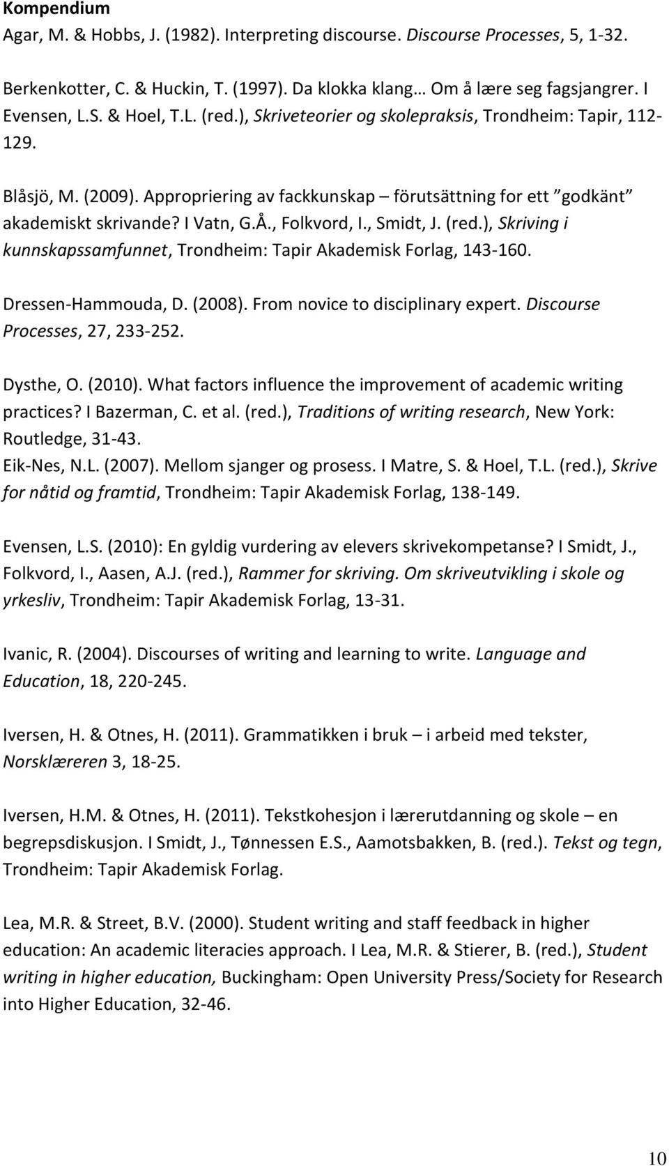 , Folkvord, I., Smidt, J. (red.), Skriving i kunnskapssamfunnet, Trondheim: Tapir Akademisk Forlag, 143-160. Dressen-Hammouda, D. (2008). From novice to disciplinary expert.