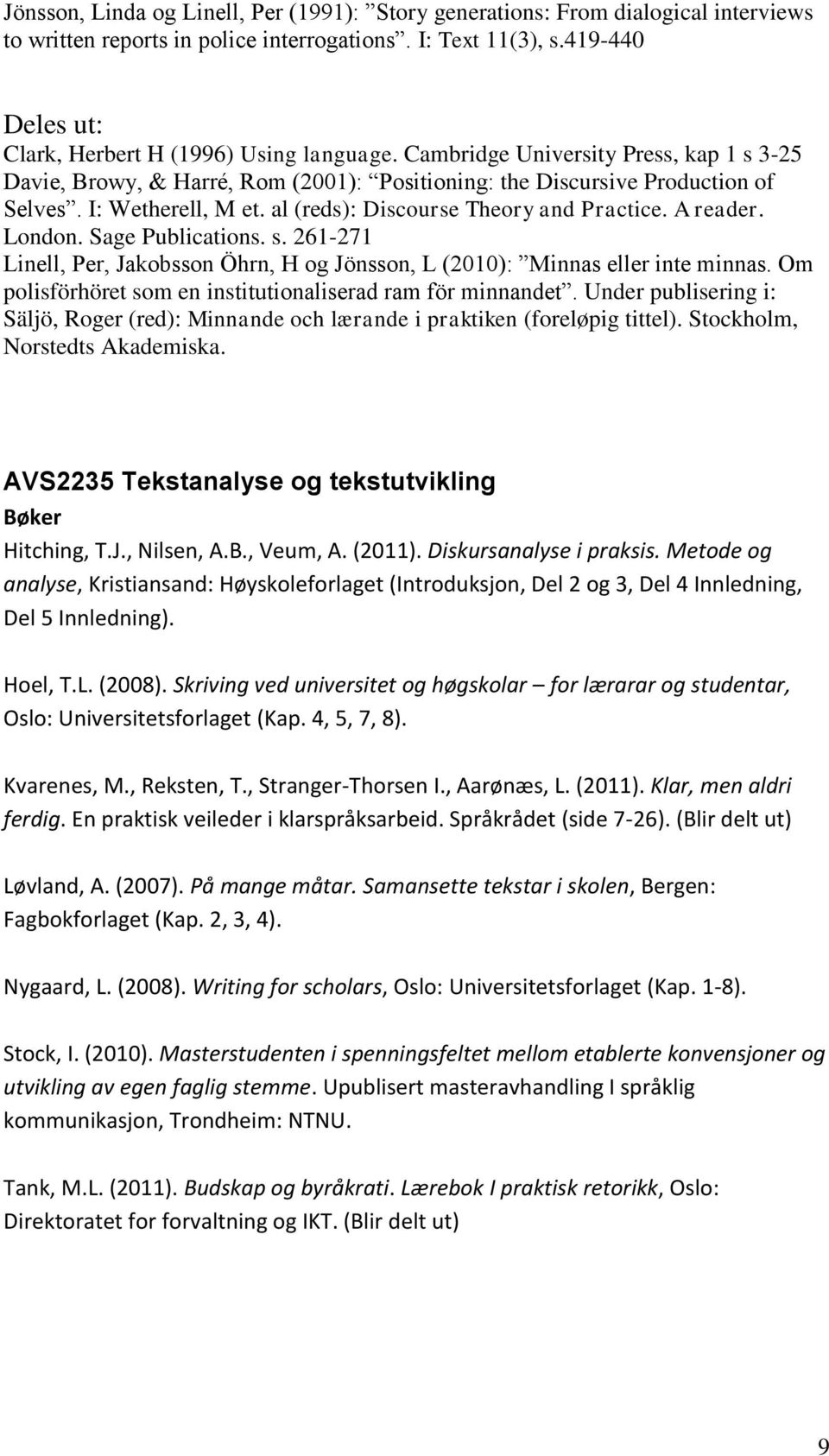I: Wetherell, M et. al (reds): Discourse Theory and Practice. A reader. London. Sage Publications. s. 261-271 Linell, Per, Jakobsson Öhrn, H og Jönsson, L (2010): Minnas eller inte minnas.