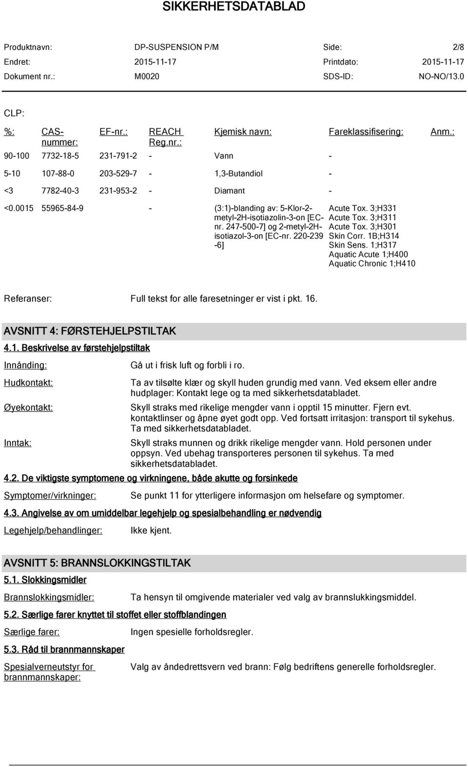 3;H331 Acute Tox. 3;H311 Acute Tox. 3;H301 Skin Corr. 1B;H314 Skin Sens. 1;H317 Aquatic Acute 1;H400 Aquatic Chronic 1;H410 Referanser: Full tekst for alle faresetninger er vist i pkt. 16.