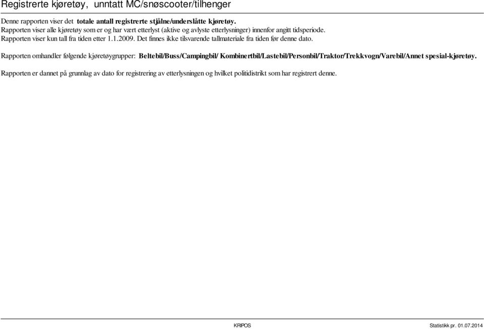 Rapporten viser kun tall fra tiden etter 1.1.2009. Det finnes ikke tilsvarende tallmateriale fra tiden før denne dato.