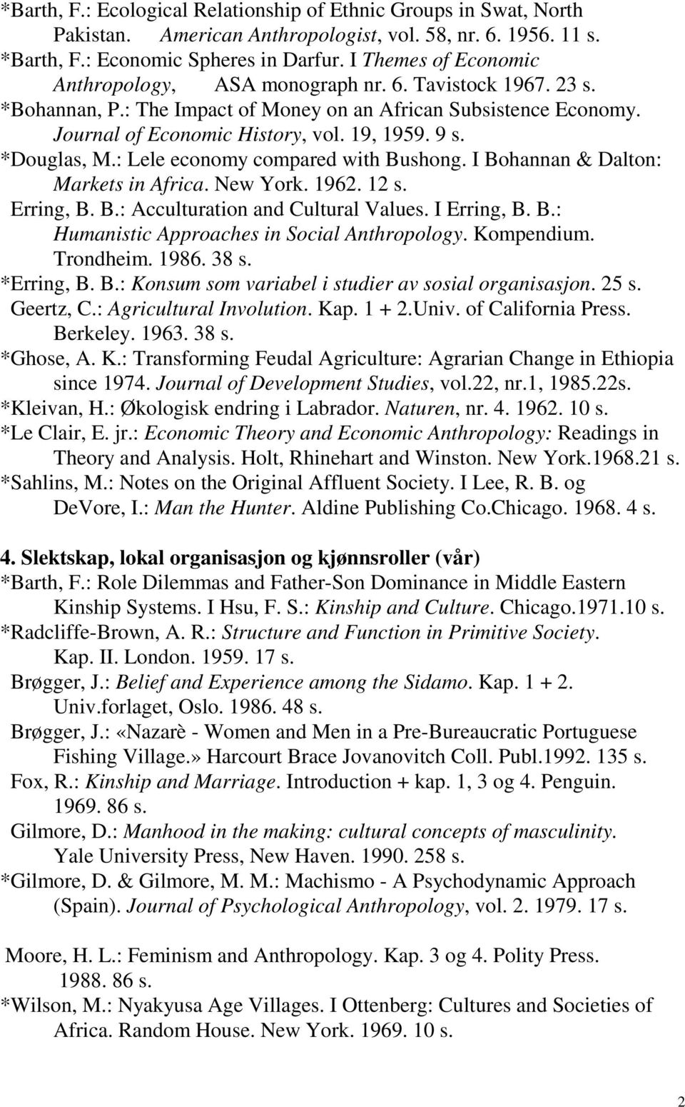 *Douglas, M.: Lele economy compared with Bushong. I Bohannan & Dalton: Markets in Africa. New York. 1962. 12 s. Erring, B. B.: Acculturation and Cultural Values. I Erring, B. B.: Humanistic Approaches in Social Anthropology.