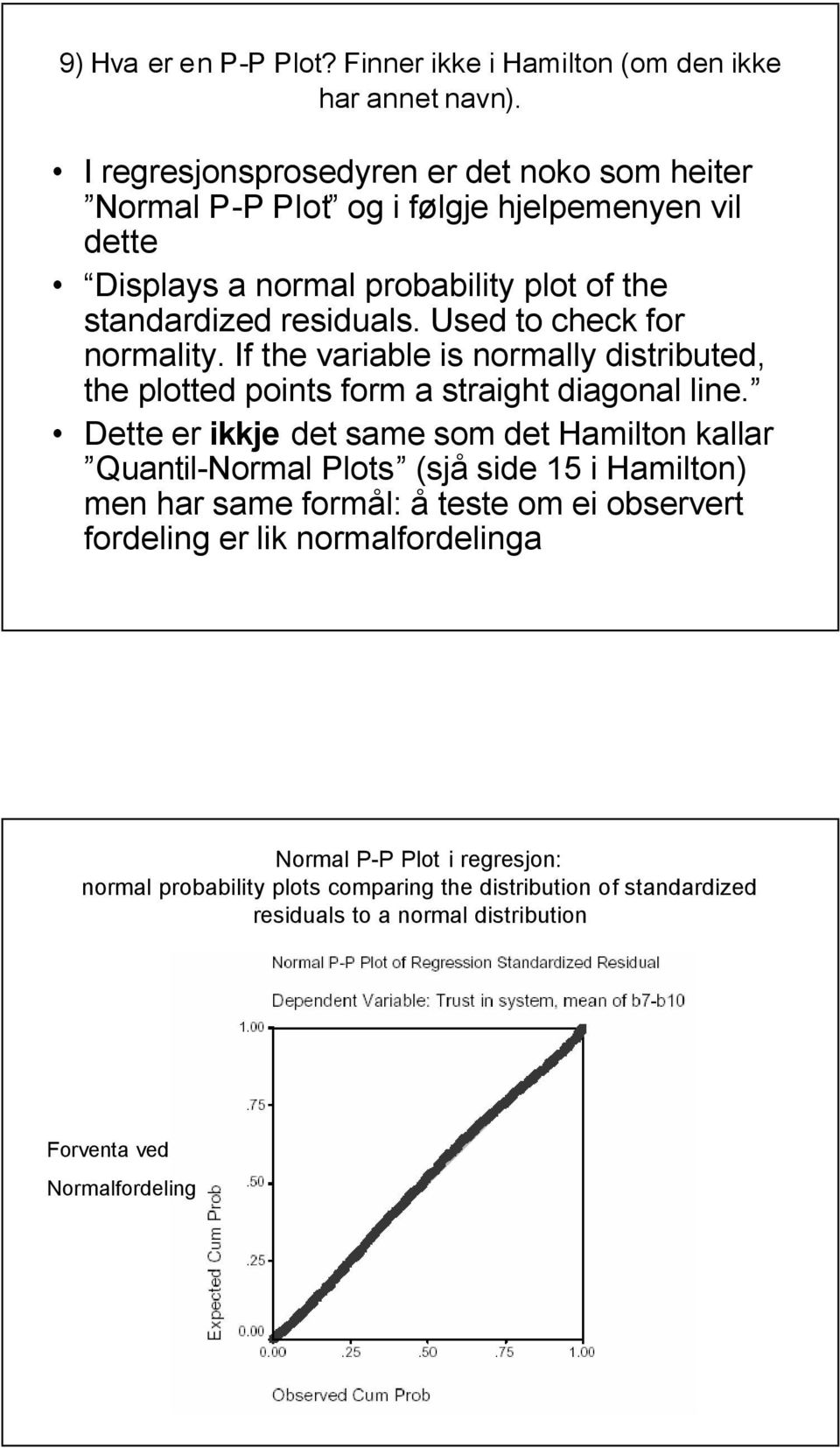 Used to check for normality. If the variable is normally distributed, the plotted points form a straight diagonal line.