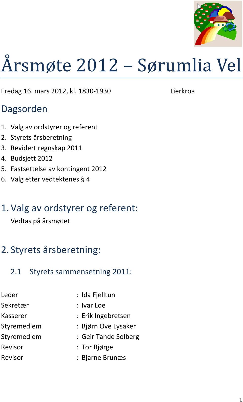 Valg av ordstyrer og referent: Vedtas på årsmøtet 2. Styrets årsberetning: 2.