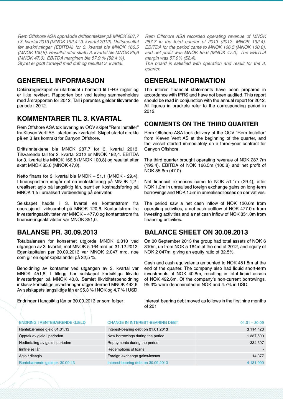 Rapporten bør ved lesing sammenholdes med årsrapporten for 2012. Tall i parentes gjelder tilsvarende periode i 2012. KOMMENTARER TIL 3.