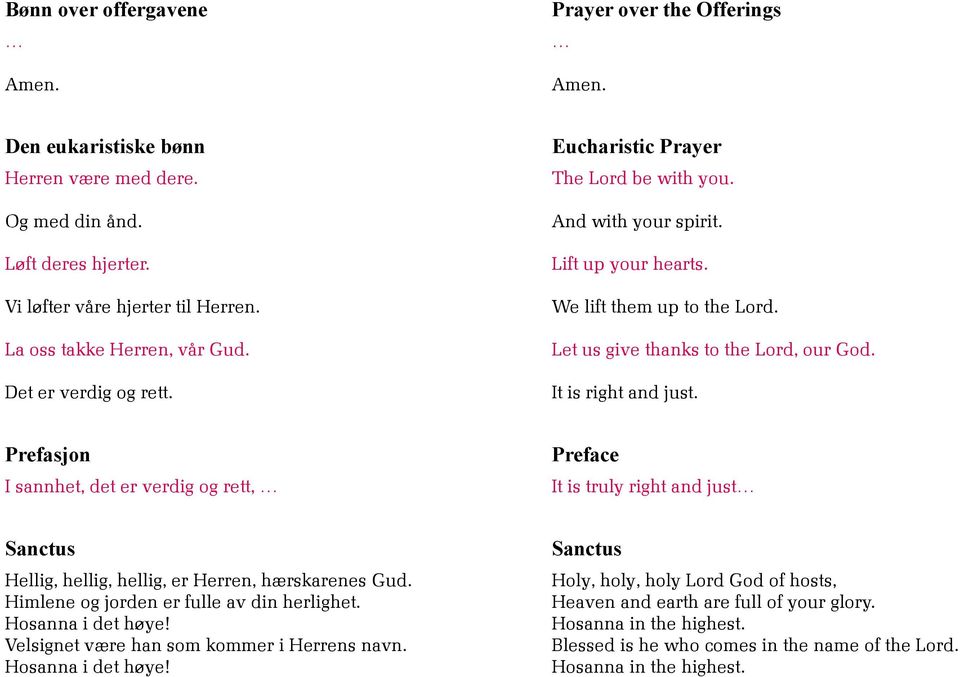 Prefasjon I sannhet, det er verdig og rett, Preface It is truly right and just Sanctus Hellig, hellig, hellig, er Herren, hærskarenes Gud. Himlene og jorden er fulle av din herlighet.