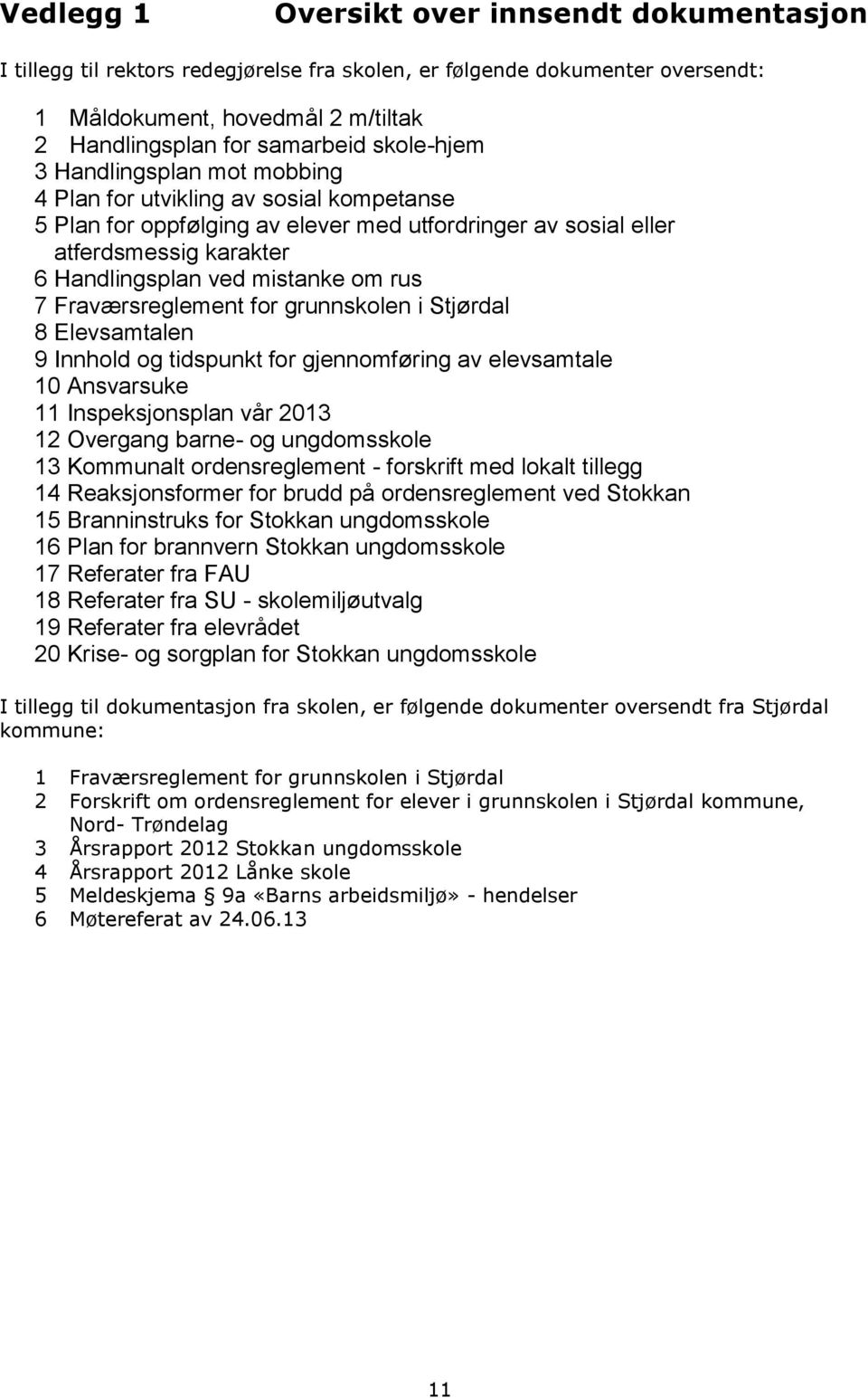 om rus 7 Fraværsreglement for grunnskolen i Stjørdal 8 Elevsamtalen 9 Innhold og tidspunkt for gjennomføring av elevsamtale 10 Ansvarsuke 11 Inspeksjonsplan vår 2013 12 Overgang barne- og