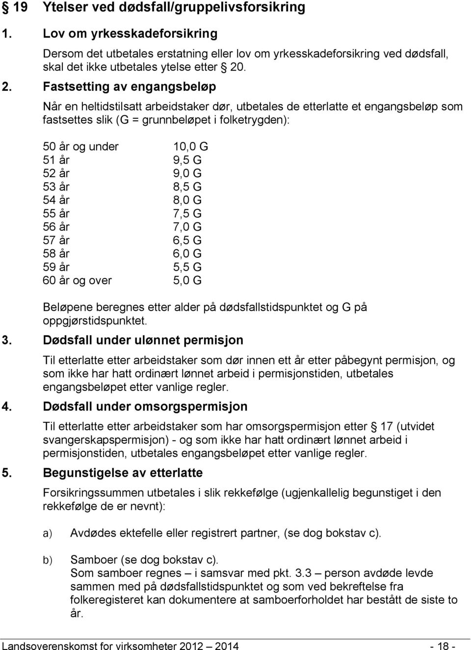 G 52 år 9,0 G 53 år 8,5 G 54 år 8,0 G 55 år 7,5 G 56 år 7,0 G 57 år 6,5 G 58 år 6,0 G 59 år 5,5 G 60 år og over 5,0 G Beløpene beregnes etter alder på dødsfallstidspunktet og G på oppgjørstidspunktet.