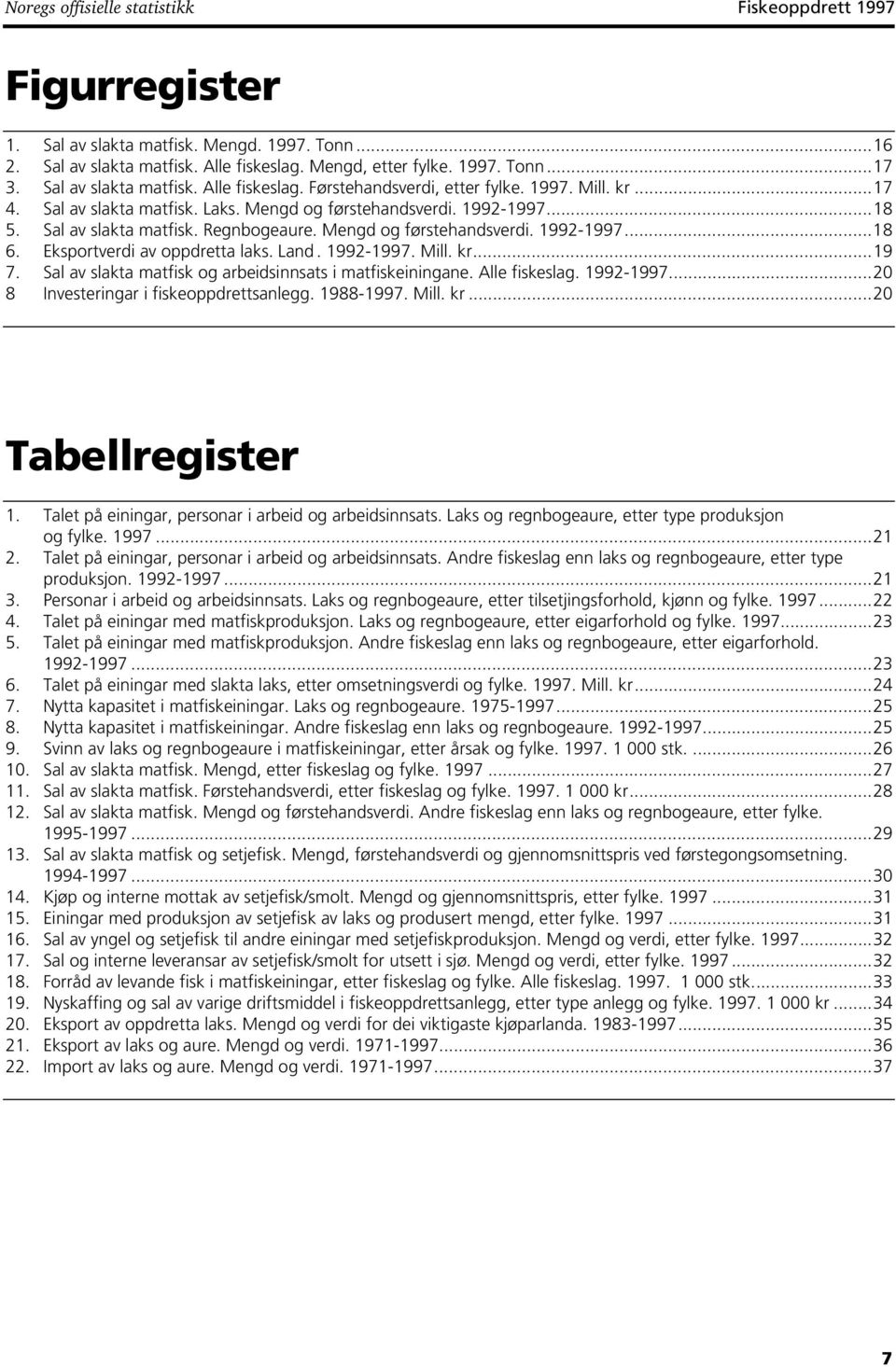 Mengd og førstehandsverdi. 992-997...8 6. Eksportverdi av oppdretta laks. Land. 992-997. Mill. kr...9 7. Sal av slakta matfisk og arbeidsinnsats i matfiskeiningane. Alle fiskeslag. 992-997...20 8 Investeringar i fiskeoppdrettsanlegg.