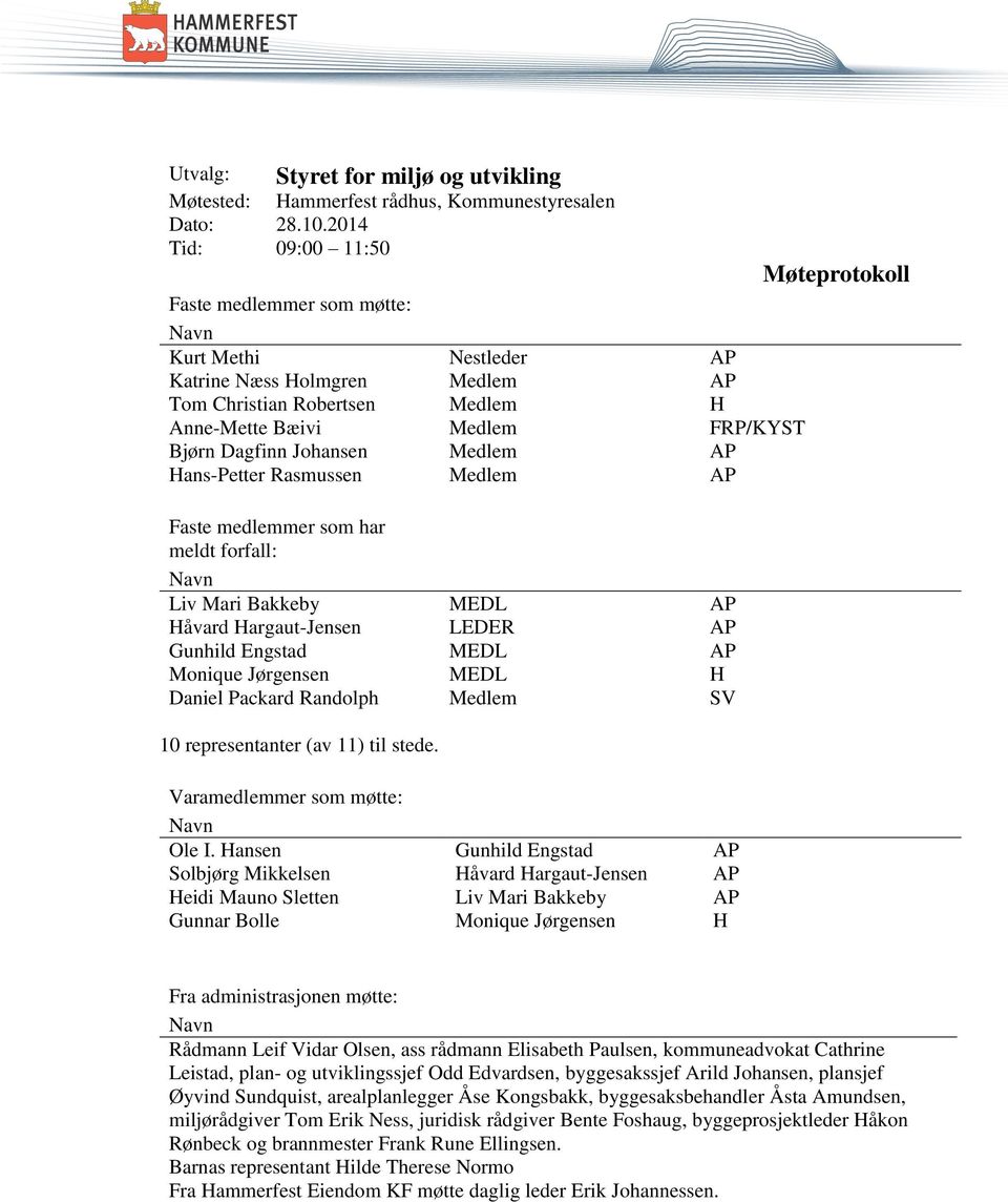 Medlem AP Hans-Petter Rasmussen Medlem AP Faste medlemmer som har meldt forfall: Liv Mari Bakkeby MEDL AP Håvard Hargaut-Jensen LEDER AP Gunhild Engstad MEDL AP Monique Jørgensen MEDL H Daniel
