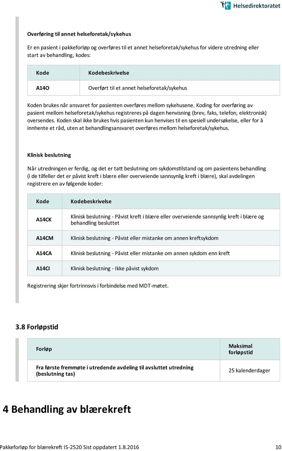 Koding for overføring av pasient mellom helseforetak/sykehus registreres på dagen henvisning (brev, faks, telefon, elektronisk) oversendes.