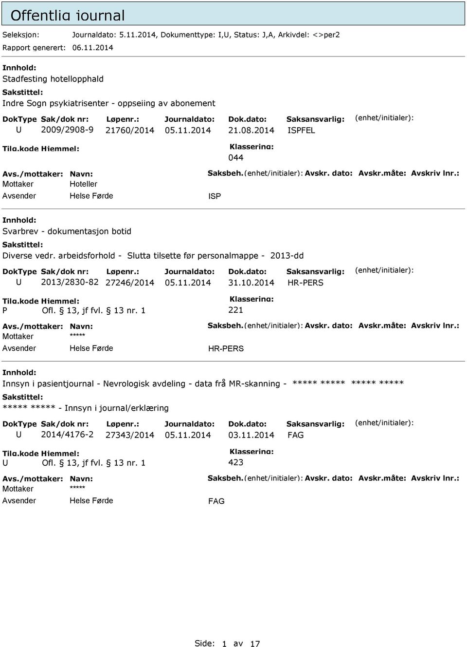 arbeidsforhold - Slutta tilsette før personalmappe - 2013-dd 2013/2830-82 27246/2014 31.10.2014 HR-ERS 221 Avs./mottaker: Navn: Saksbeh. Avskr. dato: Avskr.måte: Avskriv lnr.