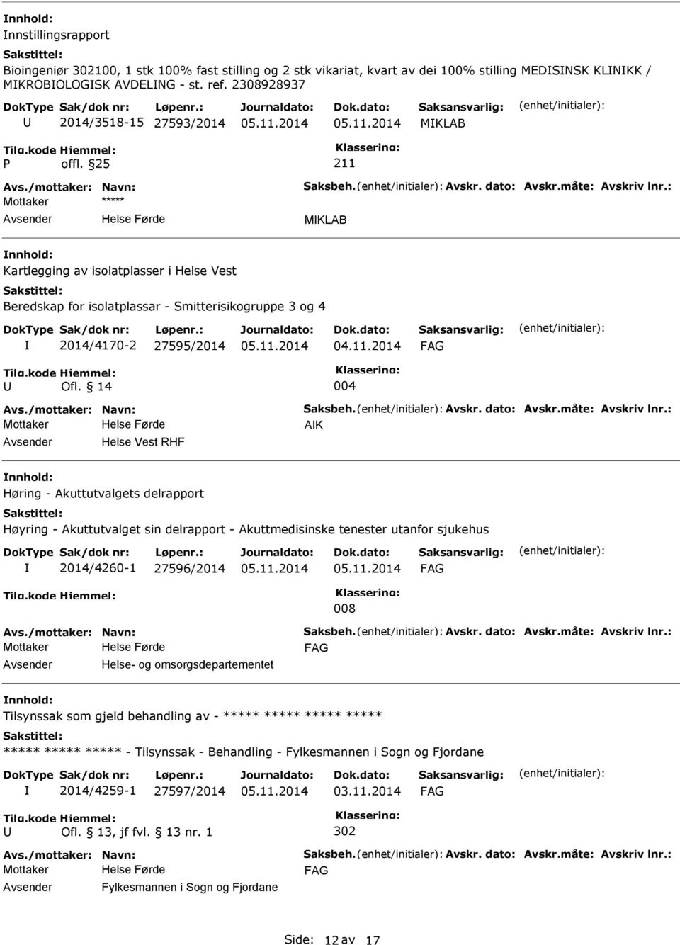 : MKLAB Kartlegging av isolatplasser i Helse Vest Beredskap for isolatplassar - Smitterisikogruppe 3 og 4 2014/4170-2 27595/2014 Ofl. 14 004 Avs./mottaker: Navn: Saksbeh. Avskr. dato: Avskr.