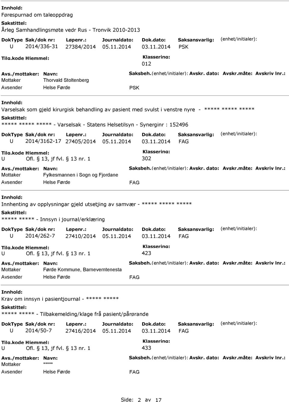 152496 2014/3162-17 27405/2014 302 Avs./mottaker: Navn: Saksbeh. Avskr. dato: Avskr.måte: Avskriv lnr.