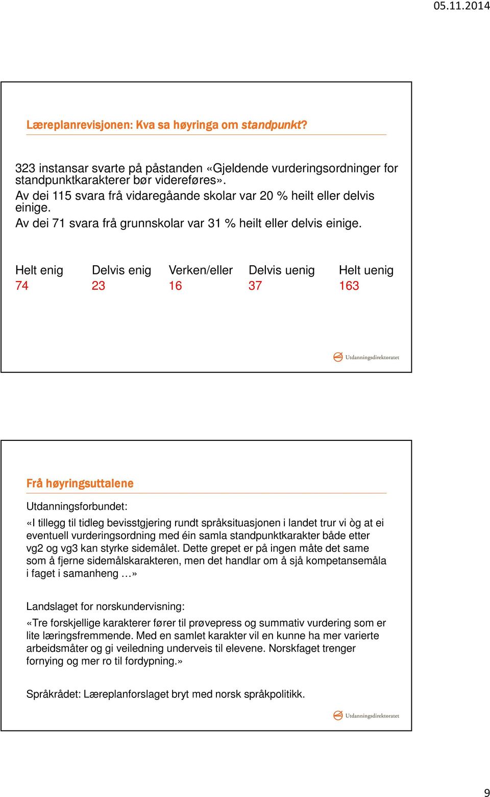 Helt enig Delvis enig Verken/eller Delvis uenig Helt uenig 74 23 16 37 163 Frå høyringsuttalene Utdanningsforbundet: «I tillegg til tidleg bevisstgjering rundt språksituasjonen i landet trur vi òg at