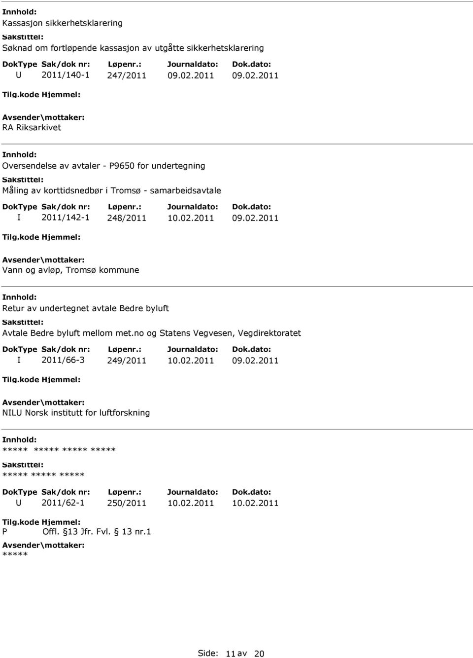 2011/142-1 248/2011 Vann og avløp, Tromsø kommune Retur av undertegnet avtale Bedre byluft Avtale Bedre byluft mellom