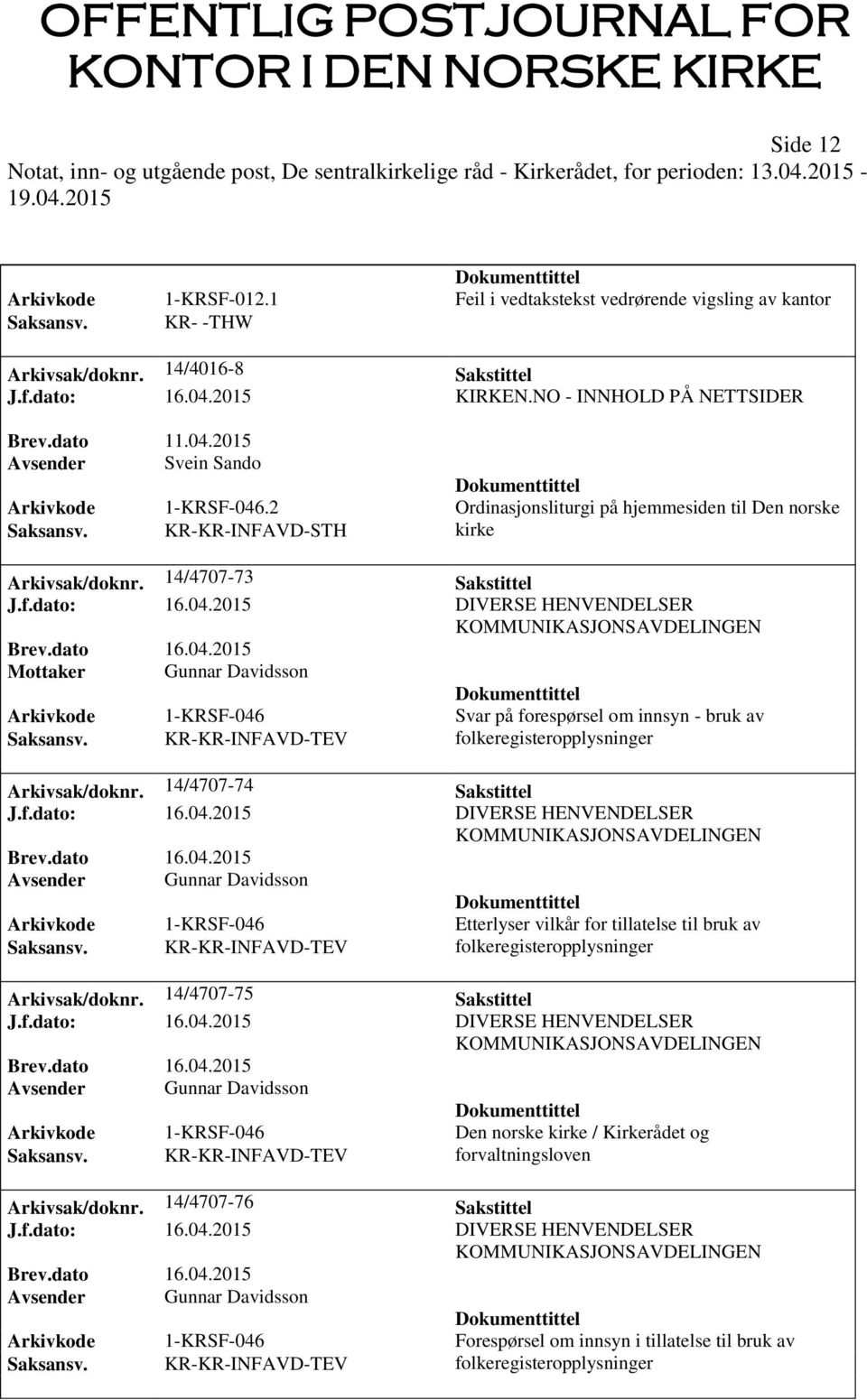 KR-KR-INFAVD-TEV folkeregisteropplysninger Arkivsak/doknr. 14/4707-74 Sakstittel J.f.dato: 16.04.