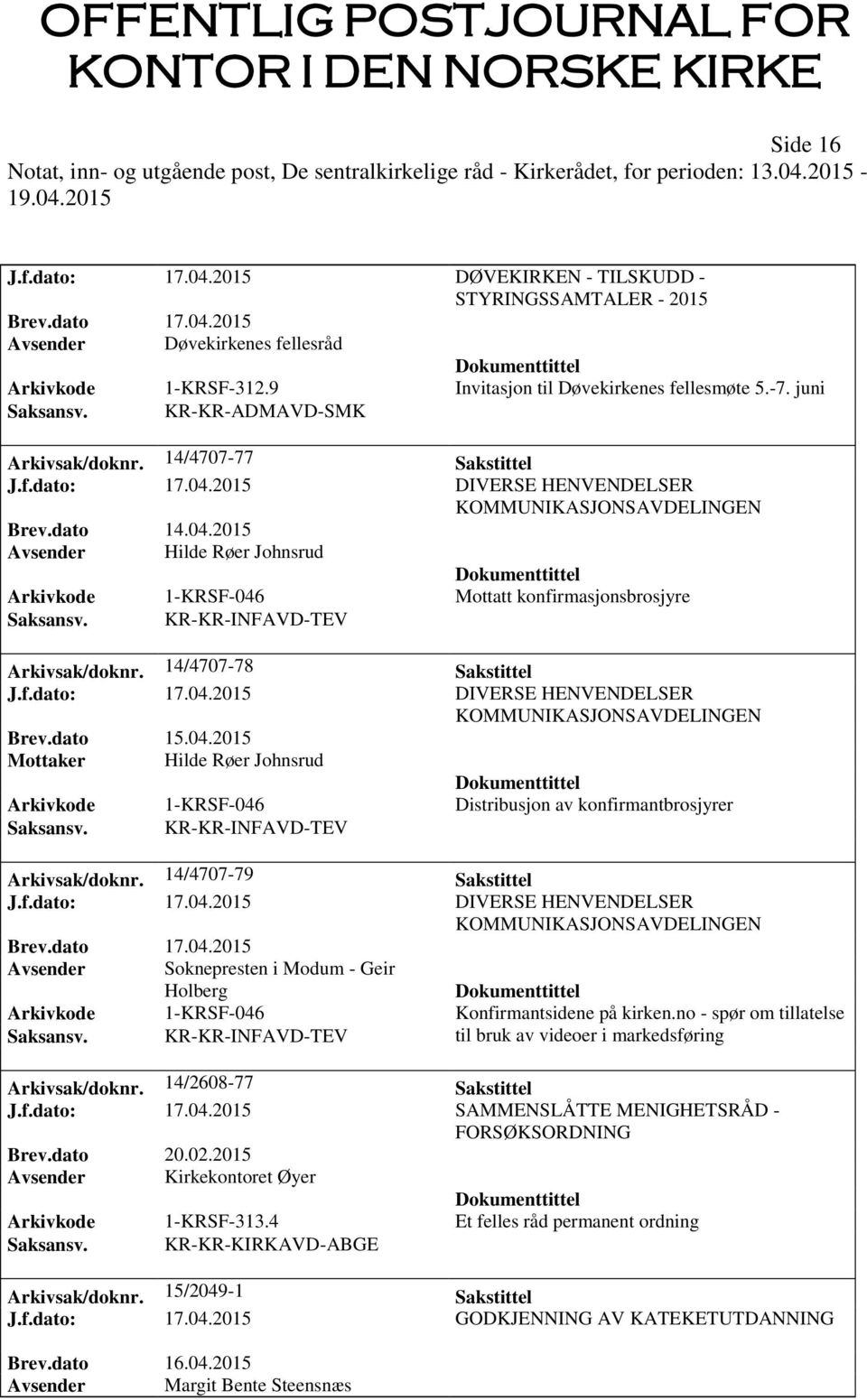 2015 DIVERSE HENVENDELSER KOMMUNIKASJONSAVDELINGEN Avsender Hilde Røer Johnsrud Arkivkode 1-KRSF-046 Mottatt konfirmasjonsbrosjyre Saksansv. KR-KR-INFAVD-TEV Arkivsak/doknr. 14/4707-78 Sakstittel J.f.dato: 17.