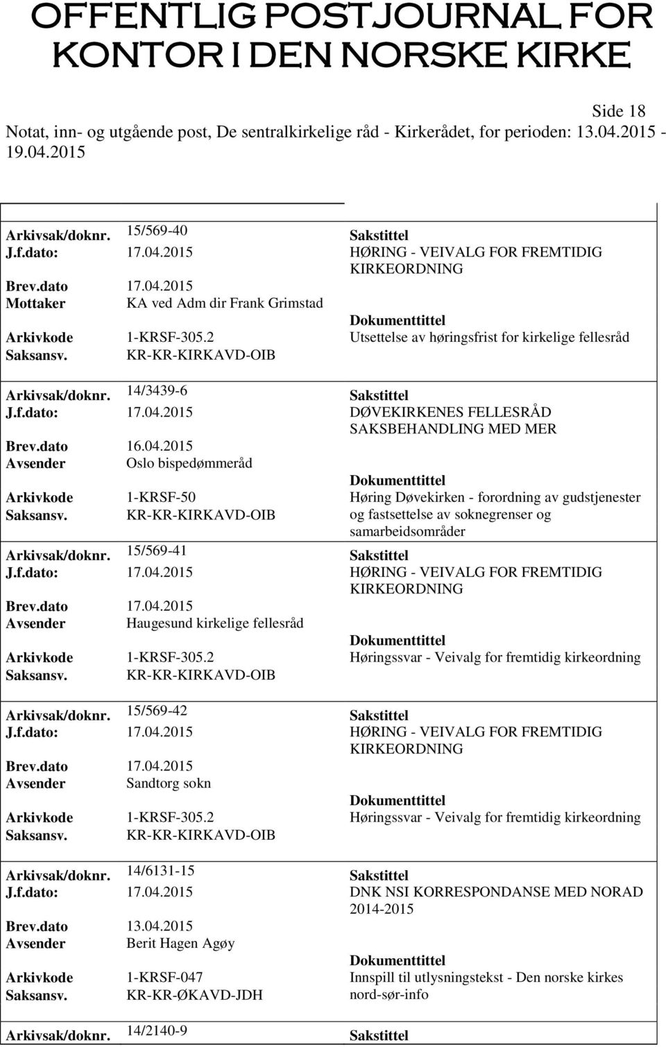 2015 DØVEKIRKENES FELLESRÅD SAKSBEHANDLING MED MER Avsender Oslo bispedømmeråd Arkivkode 1-KRSF-50 Høring Døvekirken - forordning av gudstjenester og fastsettelse av soknegrenser og samarbeidsområder