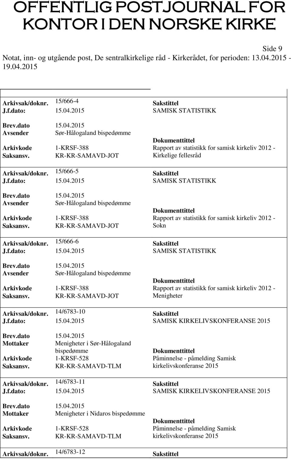 2015 SAMISK STATISTIKK Avsender Sør-Hålogaland bispedømme Arkivkode 1-KRSF-388 Rapport av statistikk for samisk kirkeliv 2012 - Saksansv. KR-KR-SAMAVD-JOT Sokn Arkivsak/doknr. 15/666-6 Sakstittel J.f.dato: 15.