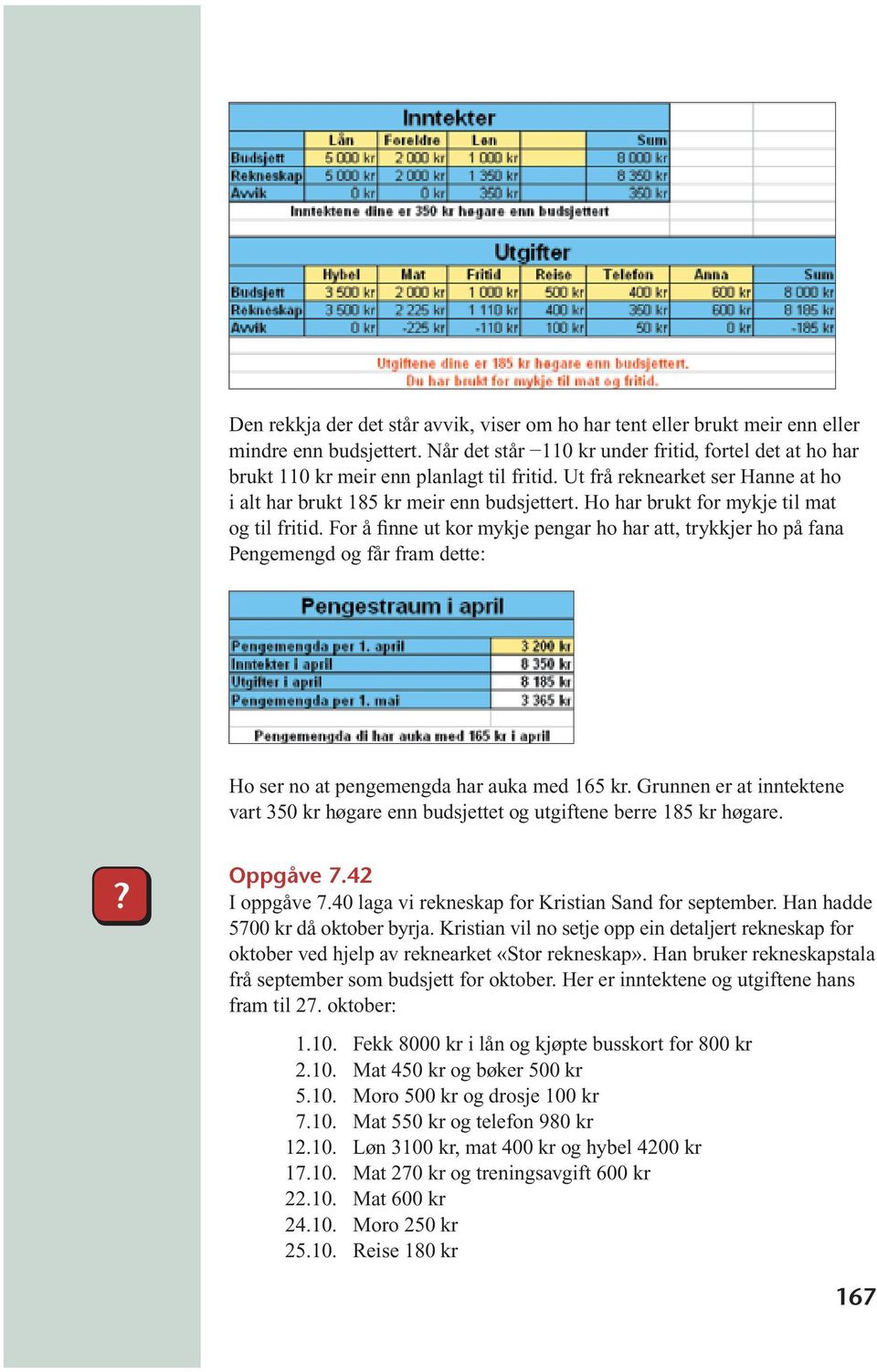 For å finne ut kor mykje pengar ho har att, trykkjer ho på fana Pengemengd og får fram dette: Ho ser no at pengemengda har auka med 165 kr.