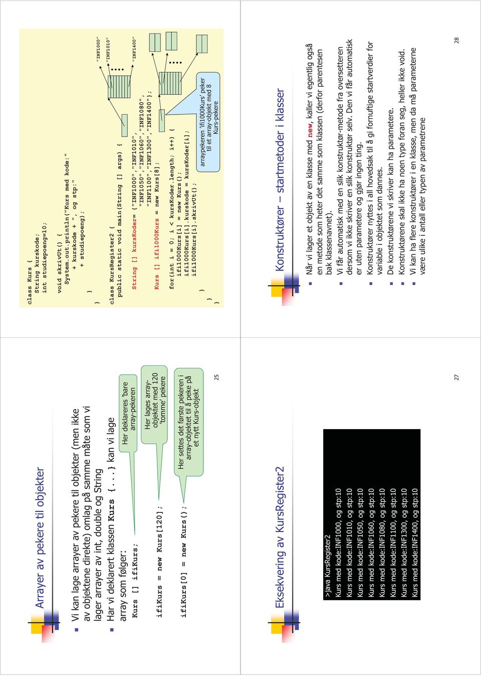 .. kan vi lage array som følger: Kurs [] ifikurs; Her deklareres bare array-pekeren ifikurs = new Kurs[120]; Her lages arrayobjektet med 120 tomme pekere ifikurs[0] = new Kurs(); Her settes det