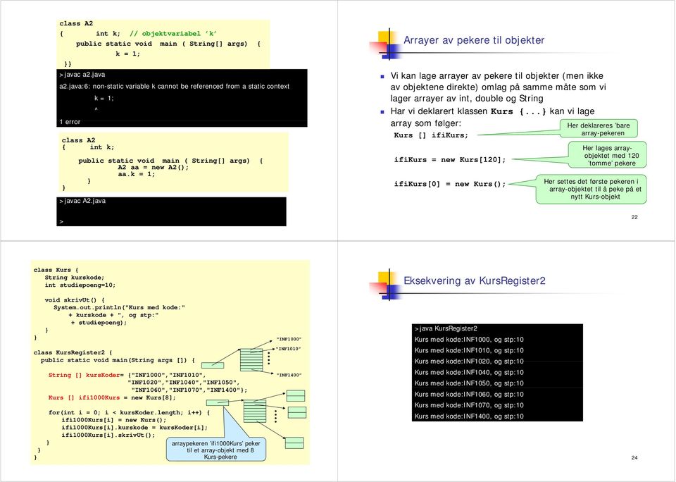 java > Arrayer av pekere til objekter Vi kan lage arrayer av pekere til objekter (men ikke av objektene direkte) omlag på samme måte som vi lager arrayer av int, double og String Har vi deklarert