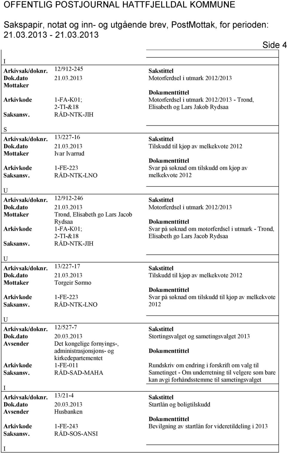 12/912-246 akstittel Trond, Elisabeth go Lars Jacob Rydsaa 2-T-&18 var på søknad om motorferdsel i utmark - Trond, Elisabeth go Lars Jacob Rydsaa aksansv. RÅD-NTK-JH Arkivsak/doknr.