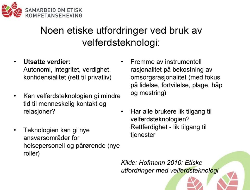 Teknologien kan gi nye ansvarsområder for helsepersonell og pårørende (nye roller) Fremme av instrumentell rasjonalitet på bekostning av