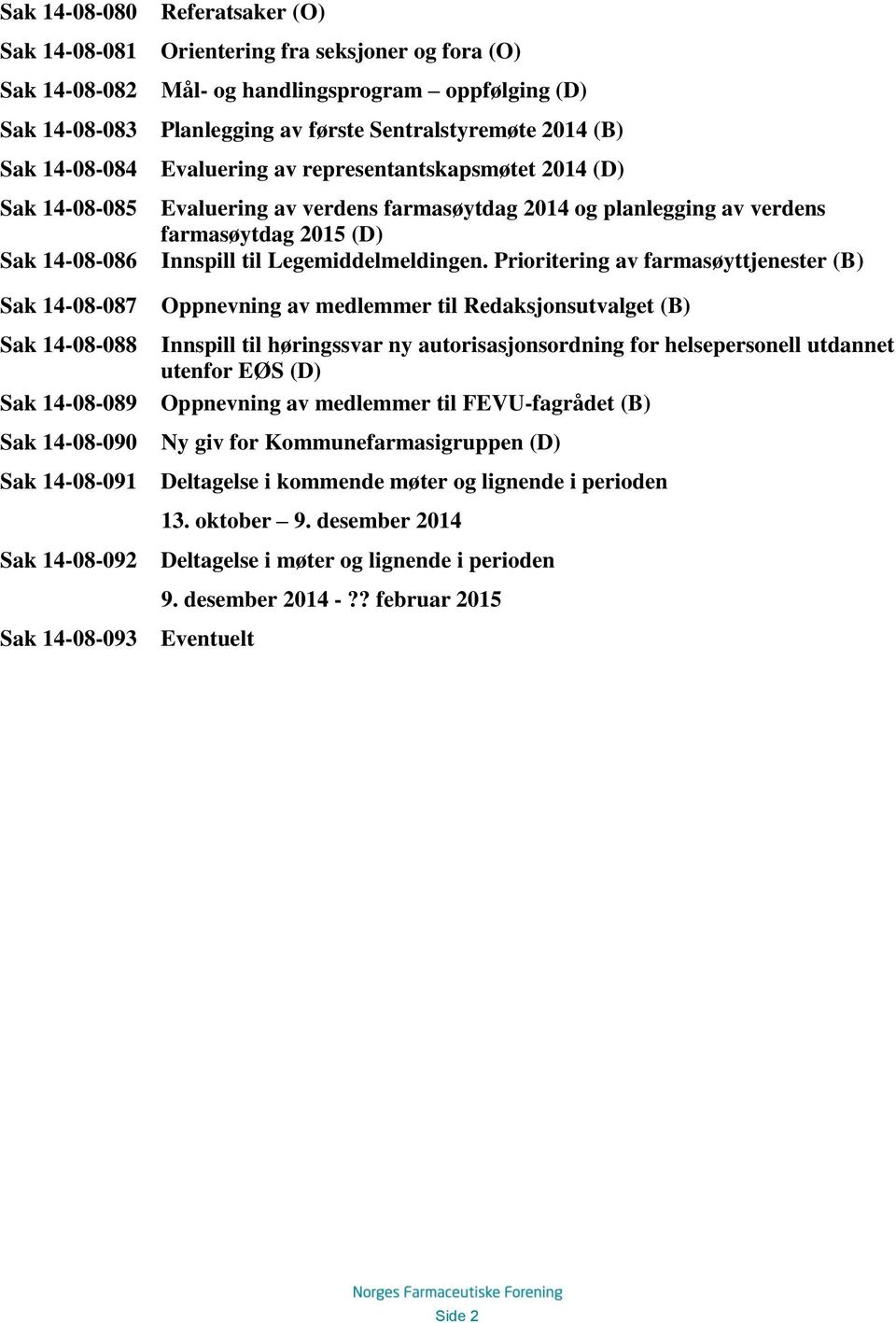 av verdens farmasøytdag 2014 og planlegging av verdens farmasøytdag 2015 (D) Innspill til Legemiddelmeldingen.