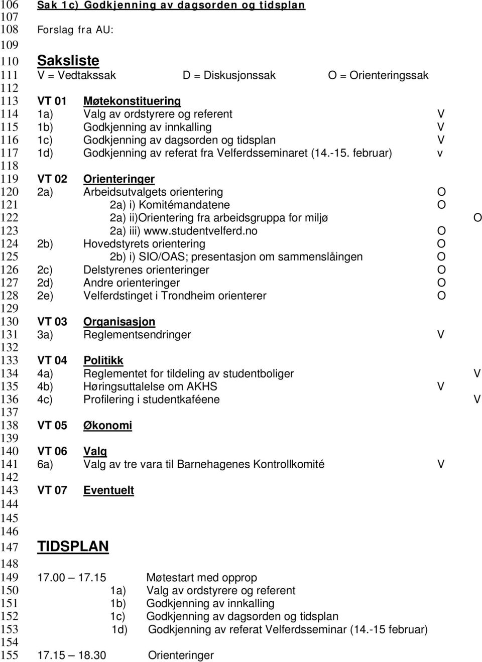 Godkjenning av innkalling V 1c) Godkjenning av dagsorden og tidsplan V 1d) Godkjenning av referat fra Velferdsseminaret (14.-15.