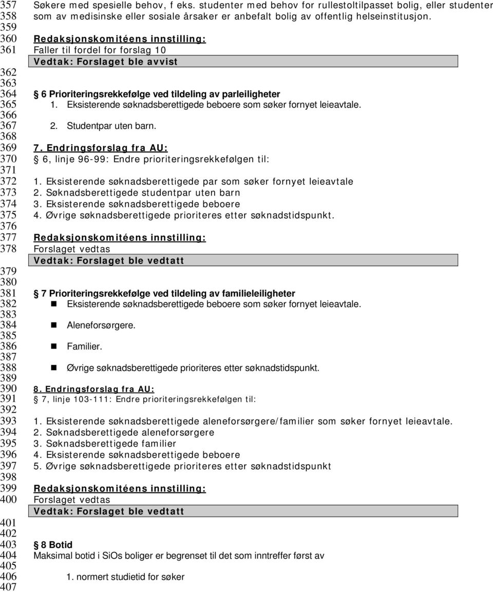 Faller til fordel for forslag 10 6 Prioriteringsrekkefølge ved tildeling av parleiligheter 1. Eksisterende søknadsberettigede beboere som søker fornyet leieavtale. 2. Studentpar uten barn. 7.