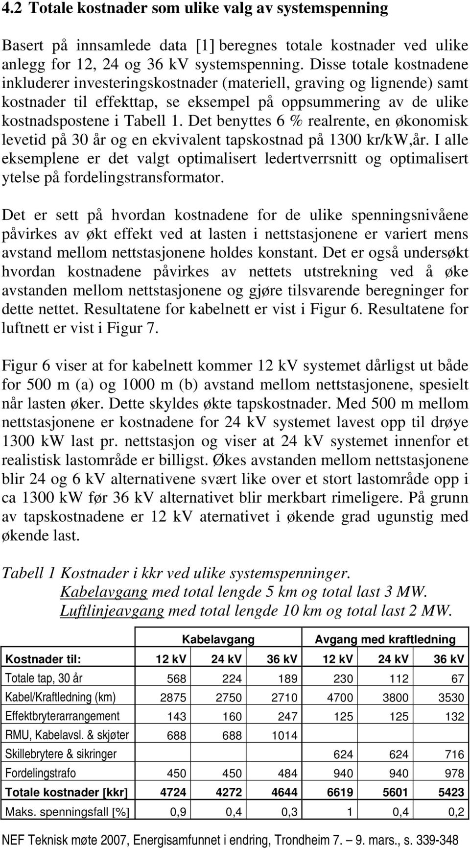 Det benyttes 6 % realrente, en økonomisk levetid på 30 år og en ekvivalent tapskostnad på 1300 kr/kw,år.