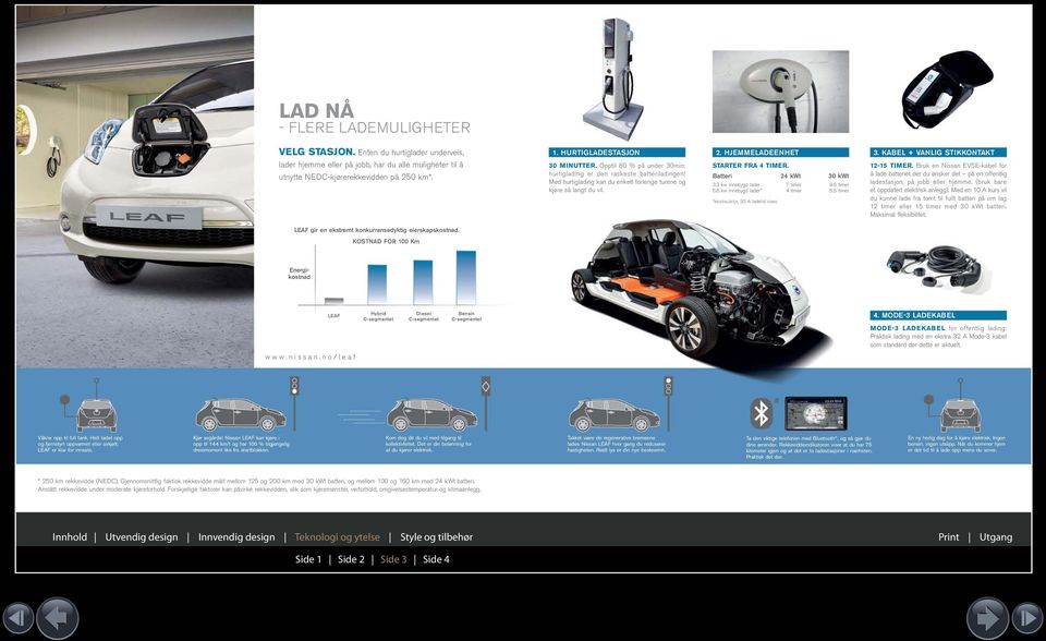 HJEMMELADEENHET STARTER FRA 4 TIMER. Batteri 24 kwt 30 kwt 3.3 kw innebygd lader 7 timer 9.5 timer 6.6 kw innebygd lader* 4 timer 5.5 timer *ekstrautstyr, 32 A ladetid vises 3.