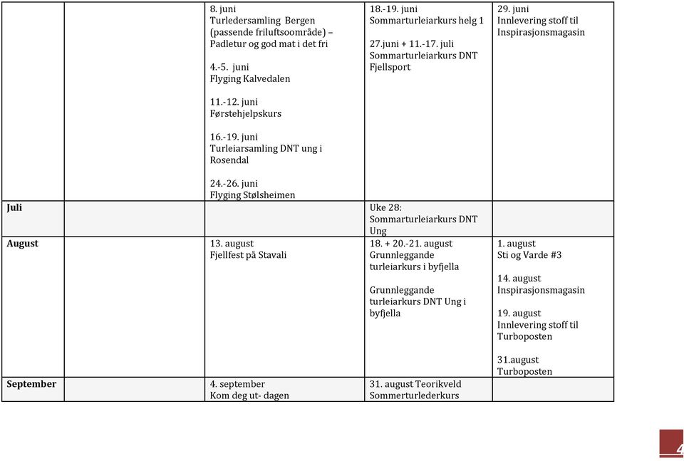 juni Flyging Stølsheimen Juli Uke 28: Sommarturleiarkurs DNT Ung August 13. august 18. + 20.-21.