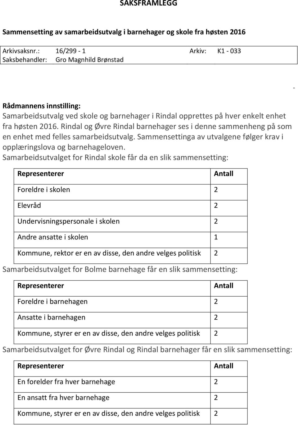 Rindal og Øvre Rindal barnehager ses i denne sammenheng på som en enhet med felles samarbeidsutvalg. Sammensettinga av utvalgene følger krav i opplæringslova og barnehageloven.