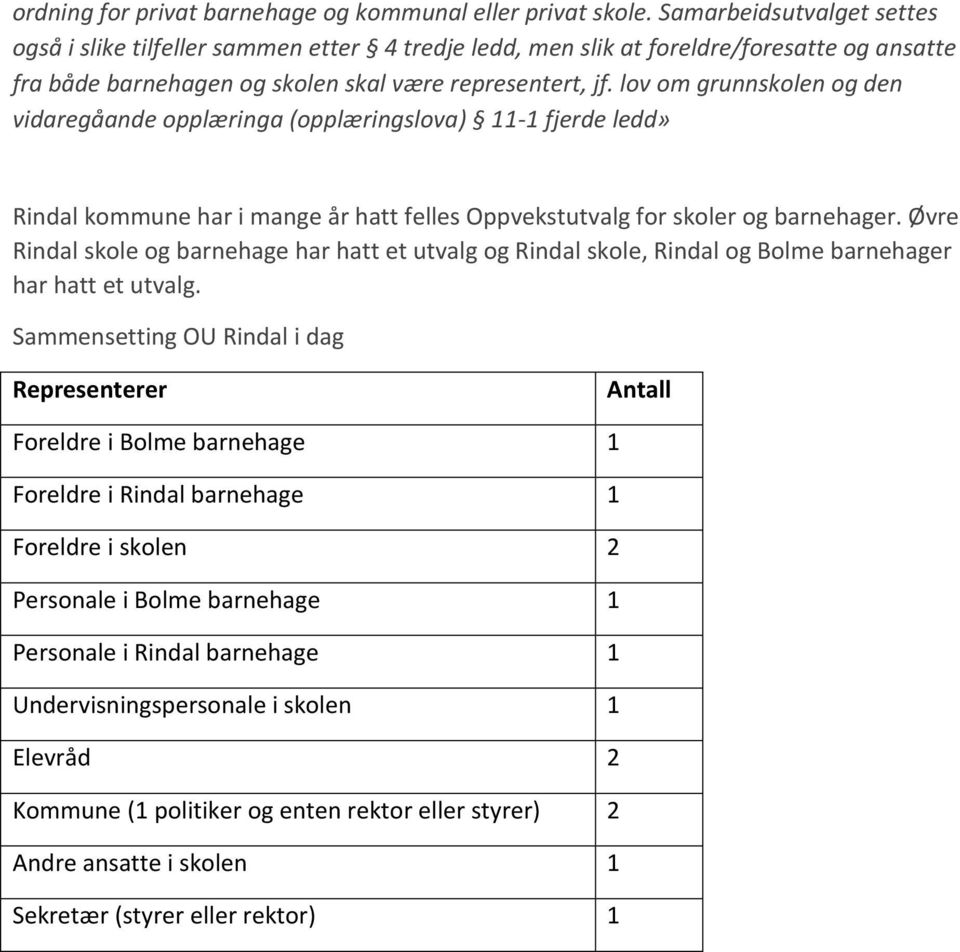 lov om grunnskolen og den vidaregåande opplæringa (opplæringslova) 11-1 fjerde ledd» Rindal kommune har i mange år hatt felles Oppvekstutvalg for skoler og barnehager.