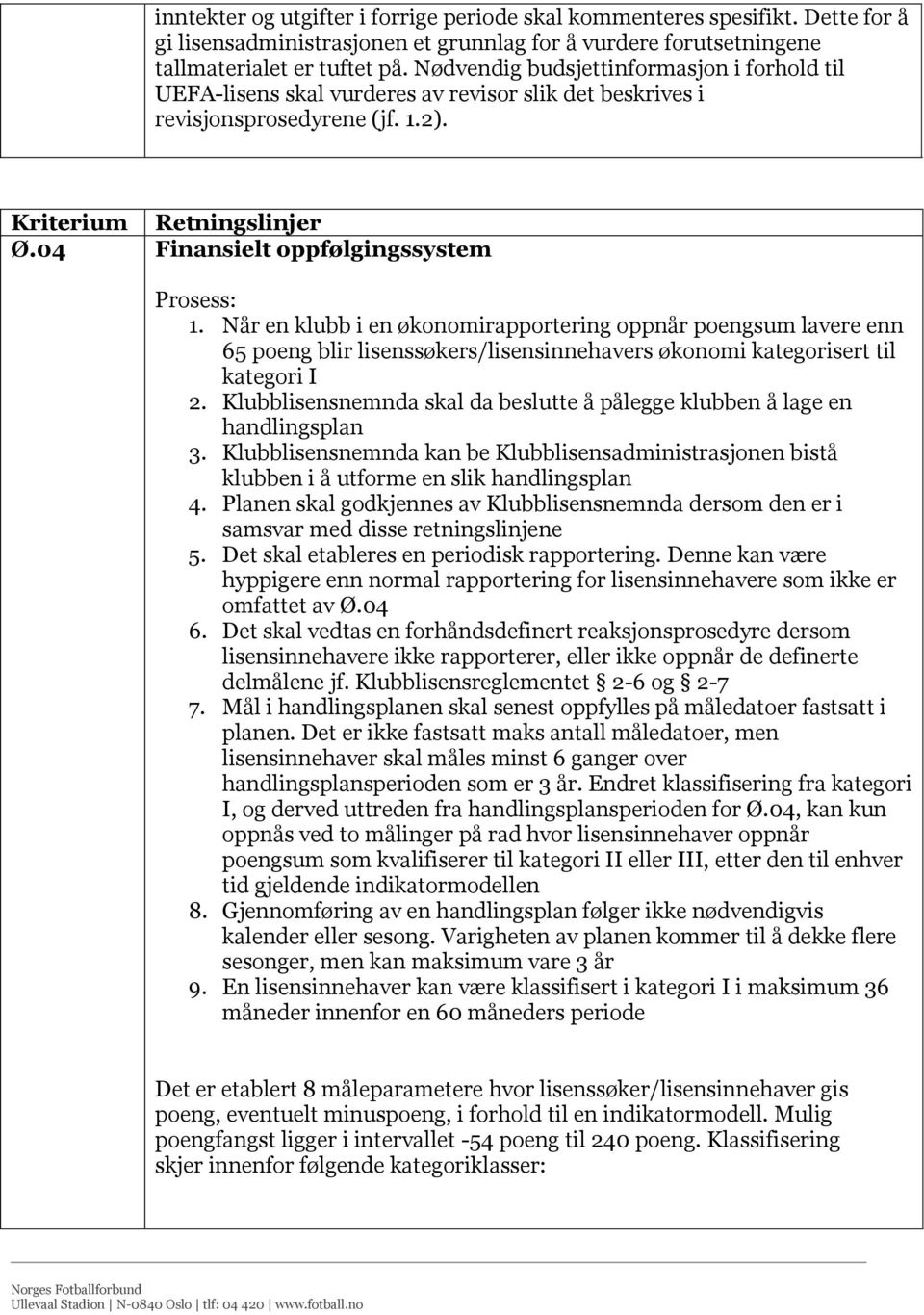 04 Finansielt oppfølgingssystem Prosess: 1. Når en klubb i en økonomirapportering oppnår poengsum lavere enn 65 poeng blir lisenssøkers/lisensinnehavers økonomi kategorisert til kategori I 2.