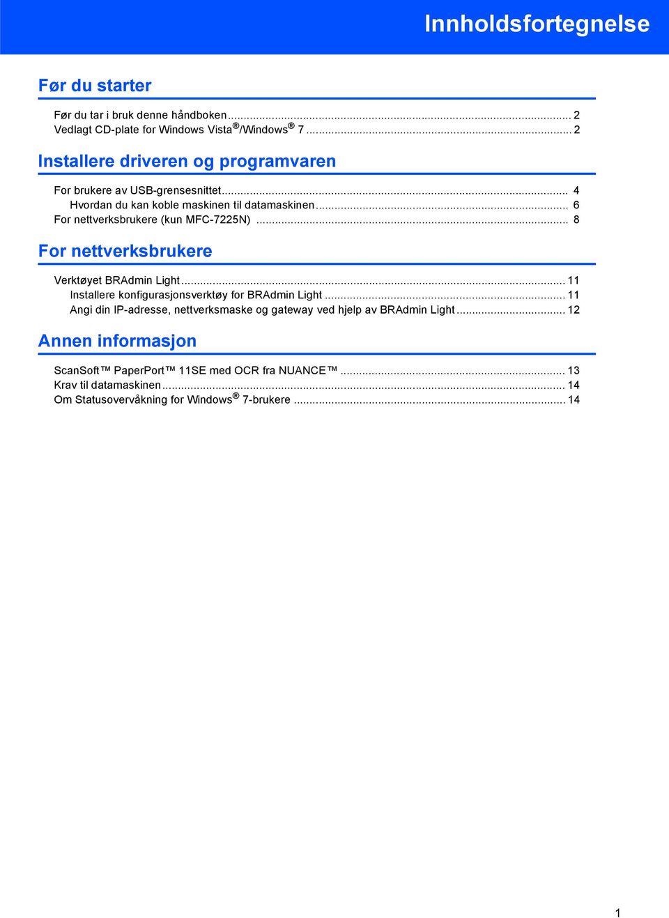 .. 6 For nettverksbrukere (kun MFC-7225N)... 8 For nettverksbrukere Verktøyet BRAdmin Light... 11 Installere konfigurasjonsverktøy for BRAdmin Light.