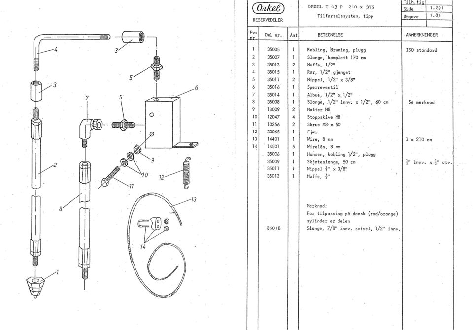 Nippel, 1/" x /8" Sperreventil Albue, J/"x, 1/" Slange,,1/" innv; x 1/",60 cm Mutter M8 Stopp skive M8 Skrue M8 x 50 Fjær Hire, 8 mm Hirelås, 8 mm Hasen, kobling 1/", plugg