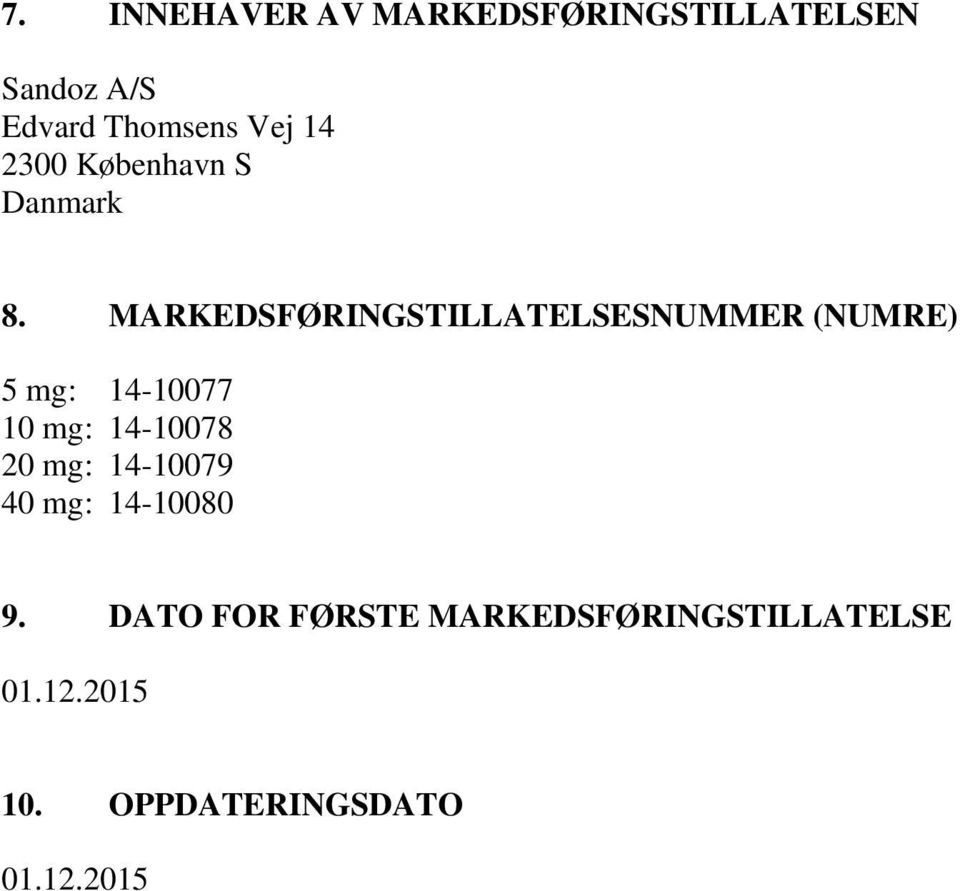 MARKEDSFØRINGSTILLATELSESNUMMER (NUMRE) 5 mg: 14-10077 10 mg: 14-10078 20