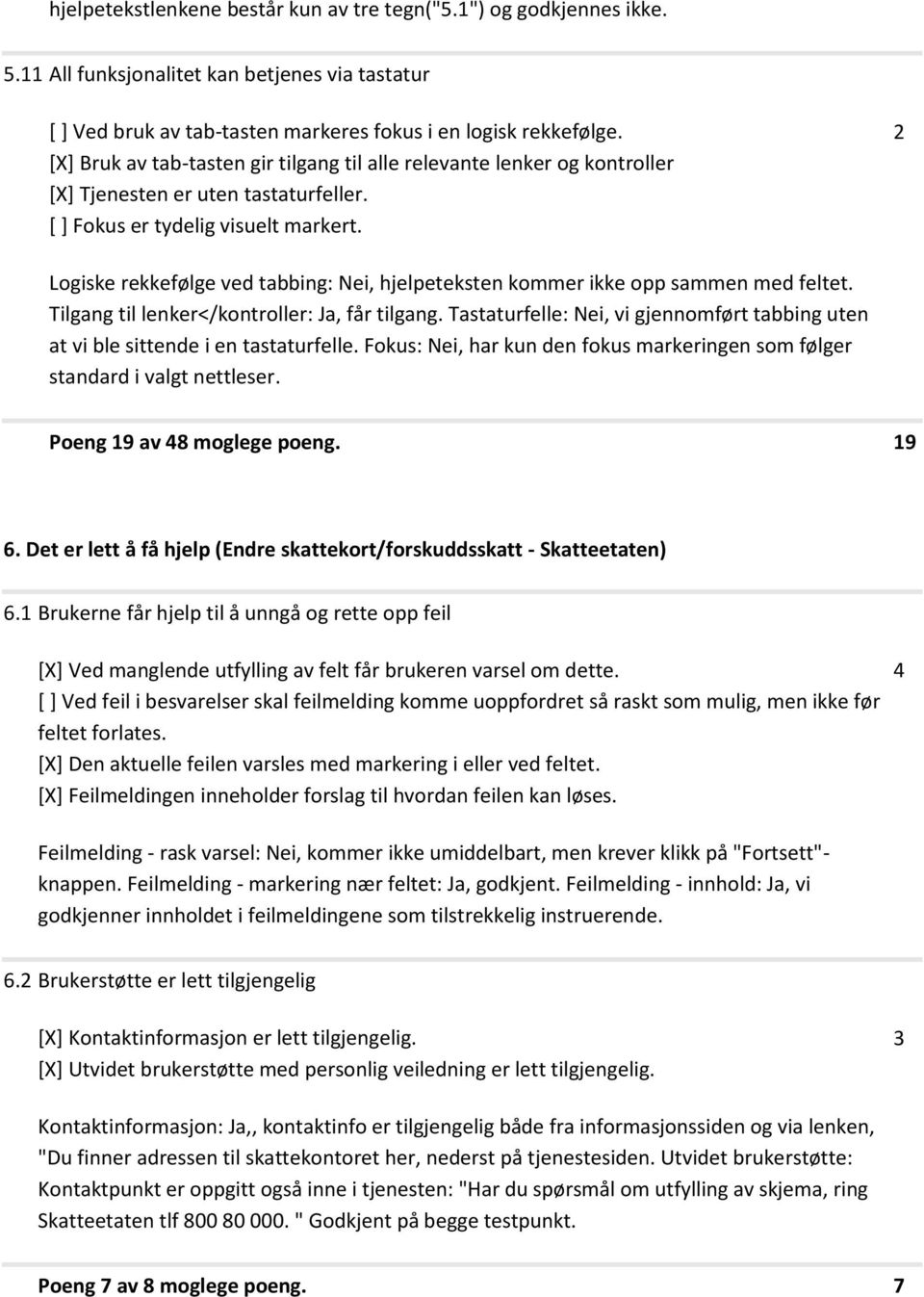 Logiske rekkefølge ved tabbing: Nei, hjelpeteksten kommer ikke opp sammen med feltet. Tilgang til lenker</kontroller: Ja, får tilgang.