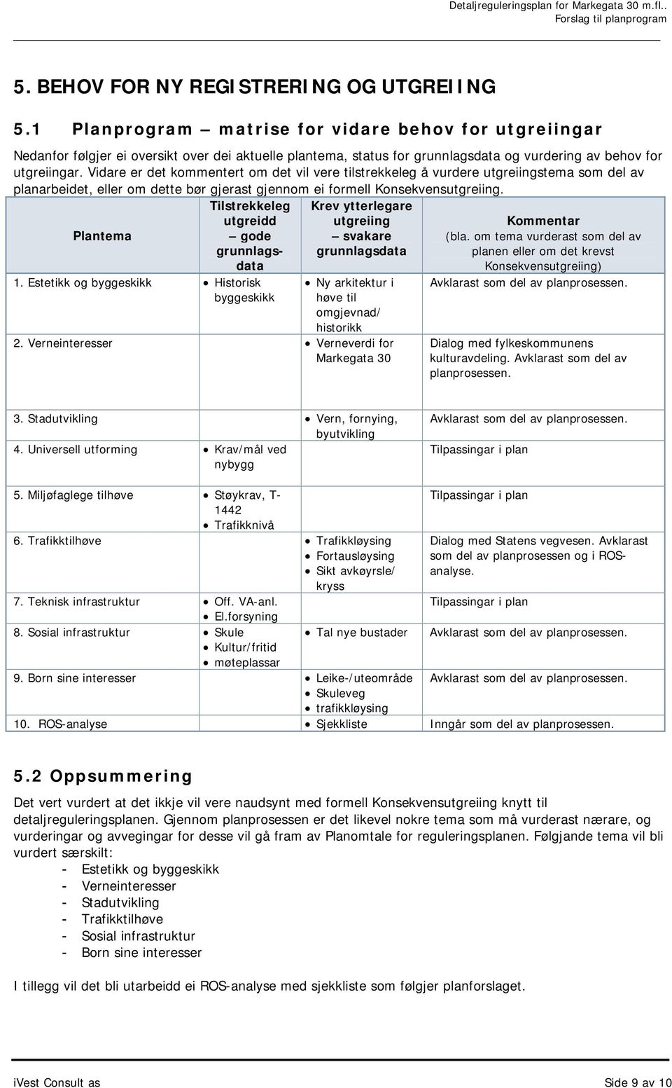 Vidare er det kommentert om det vil vere tilstrekkeleg å vurdere utgreiingstema som del av planarbeidet, eller om dette bør gjerast gjennom ei formell Konsekvensutgreiing.