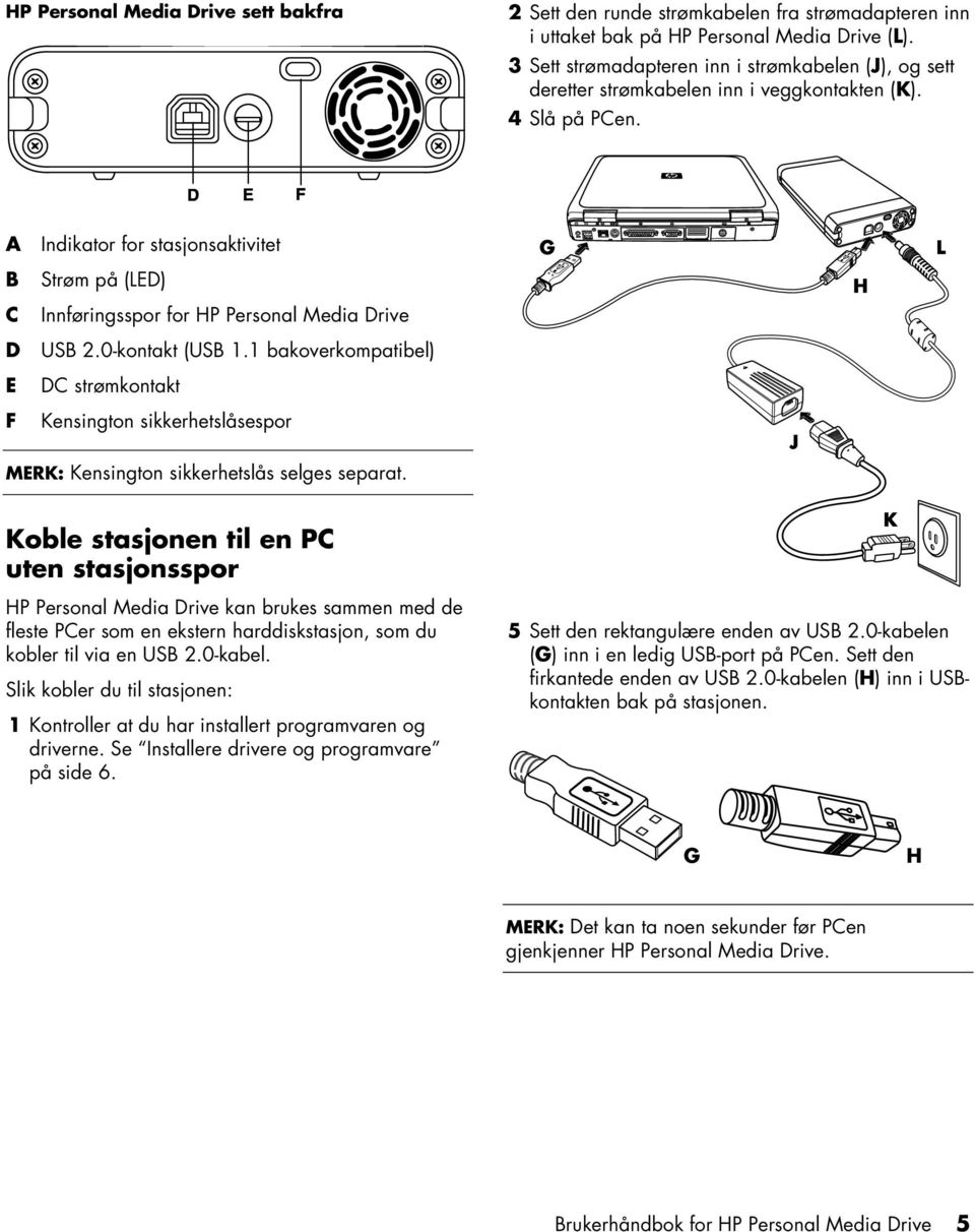 A Indikator for stasjonsaktivitet B C Strøm på (LED) Innføringsspor for HP Personal Media Drive D USB 2.0-kontakt (USB 1.