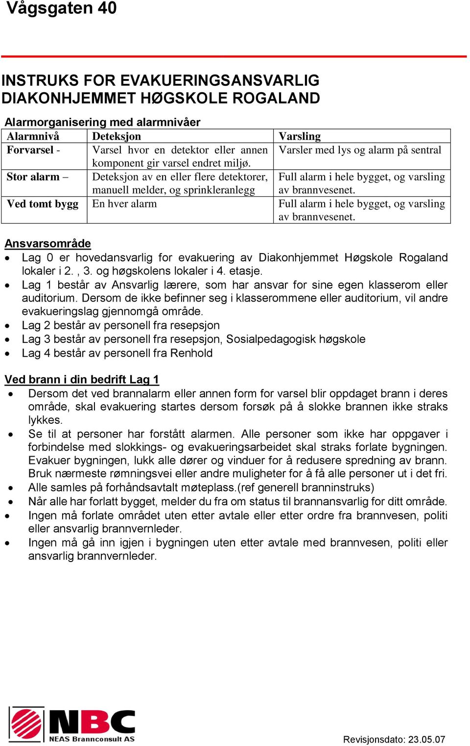 Stor alarm Deteksjon av en eller flere detektorer, manuell melder, og sprinkleranlegg Full alarm i hele bygget, og varsling Ved tomt bygg En hver alarm Full alarm i hele bygget, og varsling