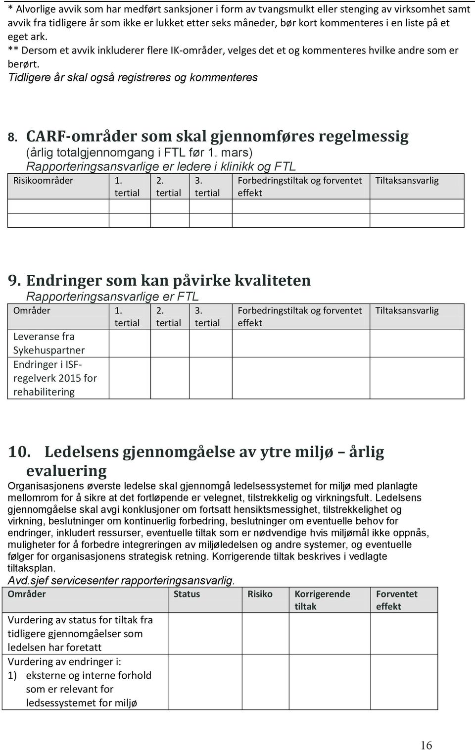 CARF-områder som skal gjennomføres regelmessig (årlig totalgjennomgang i FTL før 1. mars) Rapporteringsansvarlige er ledere i klinikk og FTL Risikoområder 1. 2. 3.