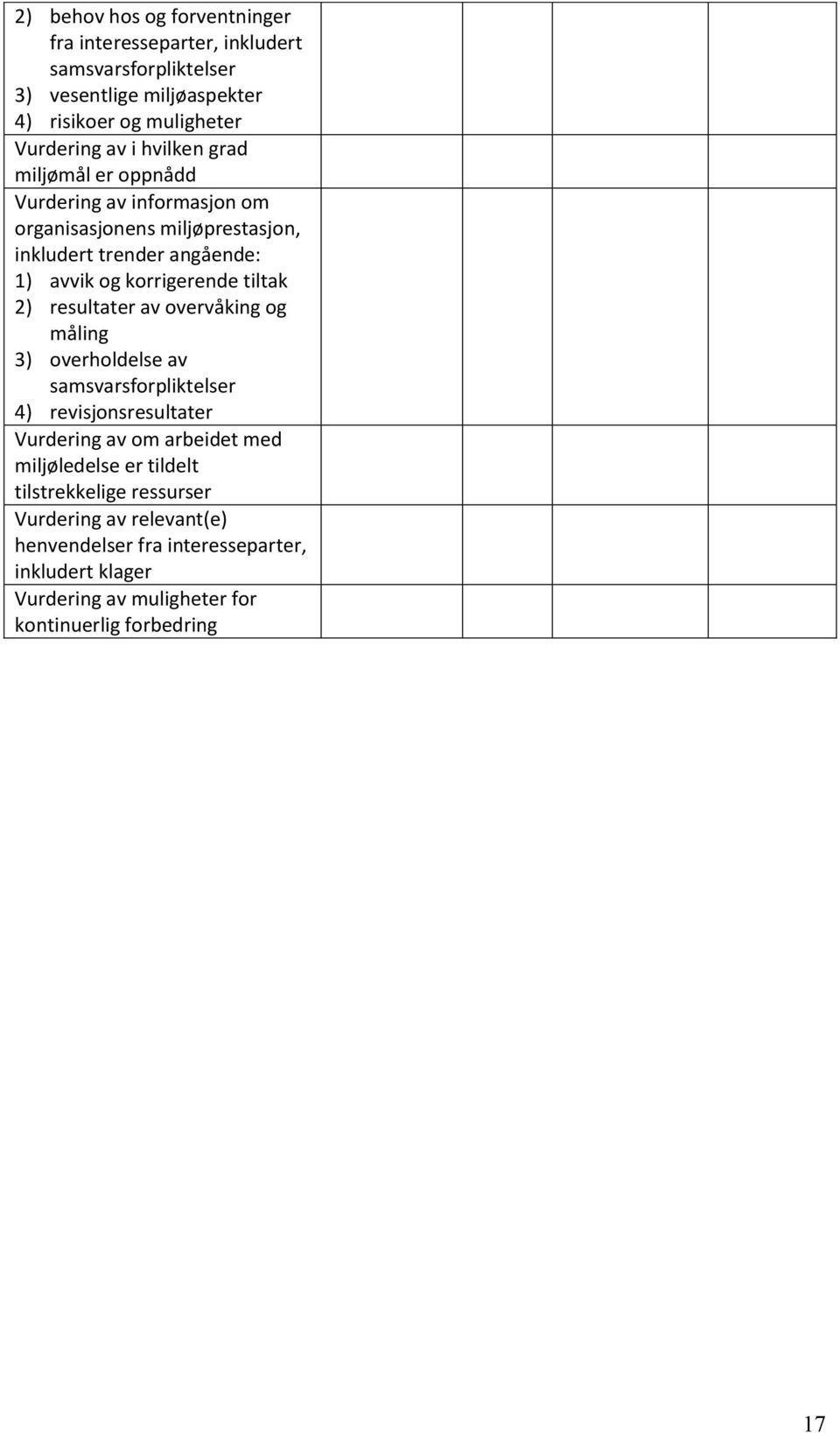 resultater av overvåking og måling 3) overholdelse av samsvarsforpliktelser 4) revisjonsresultater Vurdering av om arbeidet med miljøledelse er tildelt